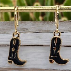 Cowboy Boot Black Dainty Dangle Earrings Gold Star Cowgirl Jewelry Western NWT